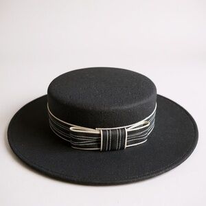 1960’s Vintage Black Boater Hat with White & Black Ribbon